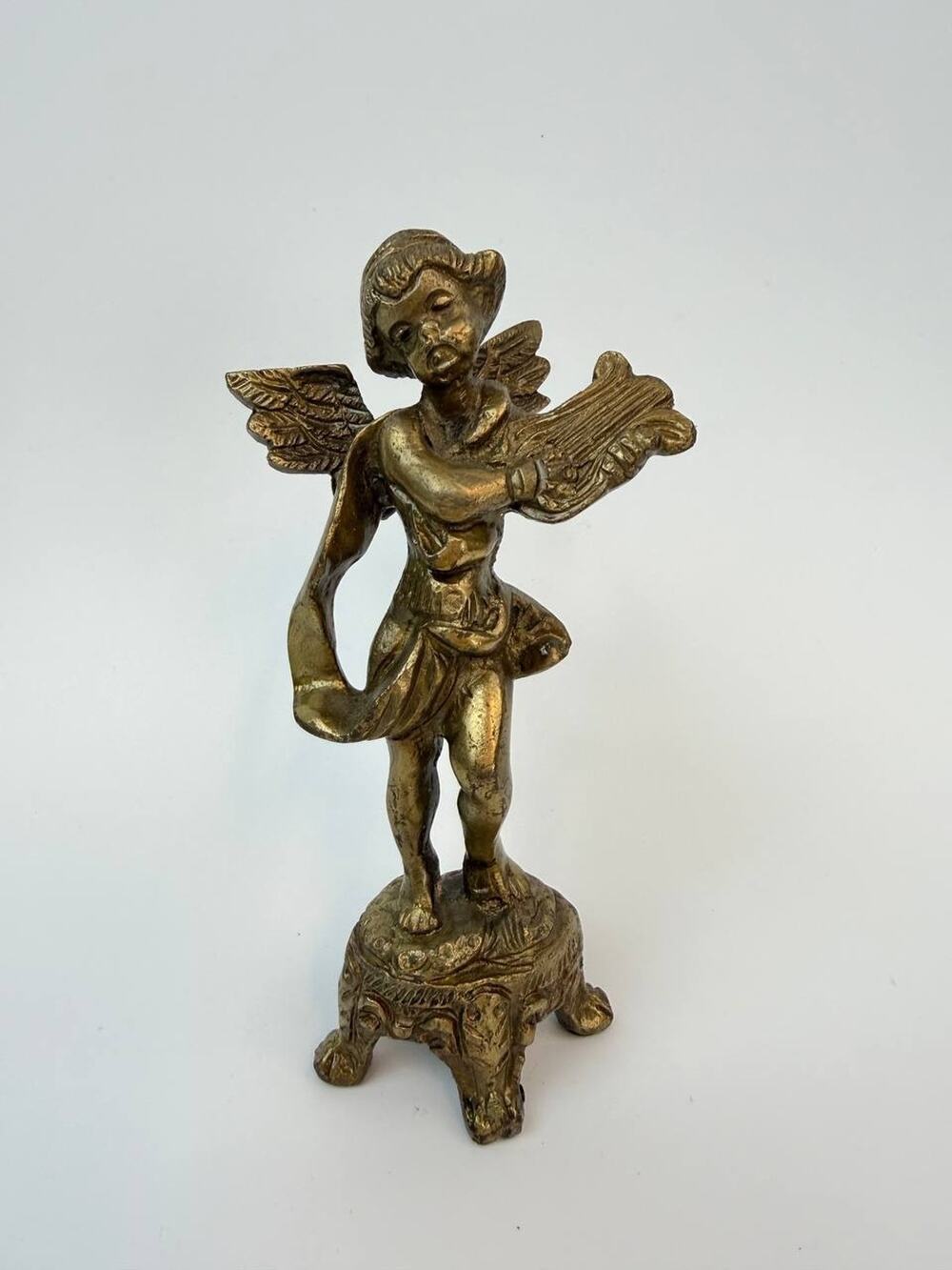 Vintage Metal Angel Figurine Cherub Playing Harp Decor 0.80 lb